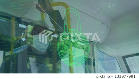 Standing commuter in suit and mask holding handrail on bus, with padlock overlay and COVID-19 sign 132977991