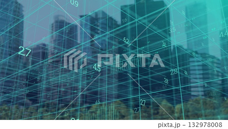 Displaying turquoise 3D grid over urban street with numeric labels above skyscrapers and trees Displaying turquoise 3D grid over urban street with numeric labels above skyscrapers and trees 132978008