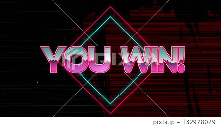 Displaying neon YOU WIN text over retro synthwave gaming interface, glowing cyan magenta diamond Displaying neon YOU WIN text over retro synthwave gaming interface, glowing cyan magenta diamond 132978029