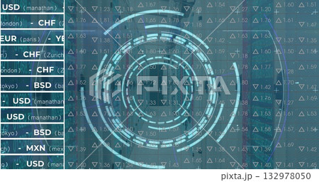 Displaying circular data visualization on dashboard over blurred skyline, with currency listings Displaying circular data visualization on dashboard over blurred skyline, with currency listings 132978050