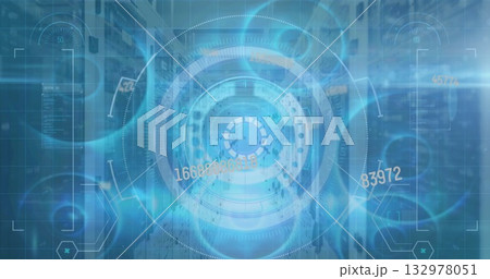 Holographic interface floating in data center corridor, racks with LEDs, numeric tags and hex icons 132978051