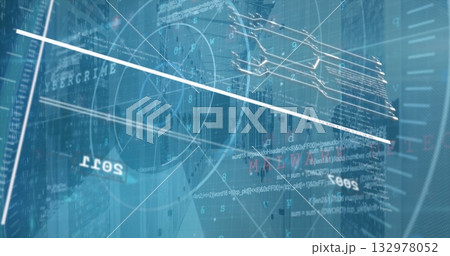 Displaying holographic interface on dashboard, showing graph and chart data, code and diagonal beam Displaying holographic interface on dashboard, showing graph and chart data, code and diagonal beam 132978052