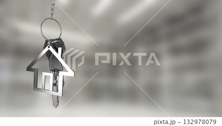 Hanging silver keys on short chain in real estate office, with house-shaped metal keychain Hanging silver keys on short chain in real estate office, with house-shaped metal keychain 132978079