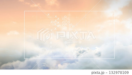 Floating white rectangular frame hovering above dawn pastel clouds, with X O markers and arrows Floating white rectangular frame hovering above dawn pastel clouds, with X O markers and arrows 132978109