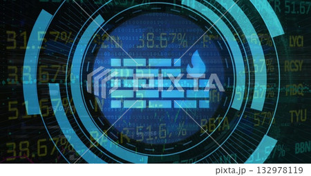 Displaying brick wall droplet icon in security interface with binary streams and alphanumeric codes Displaying brick wall droplet icon in security interface with binary streams and alphanumeric codes 132978119