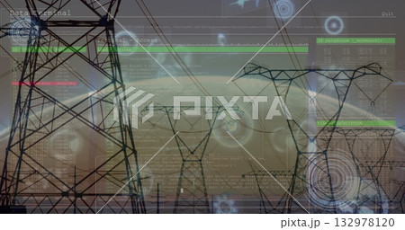 Extending lattice towers with power lines across corridor at dusk with data panels and HUD graphics Extending lattice towers with power lines across corridor at dusk with data panels and HUD graphics 132978120