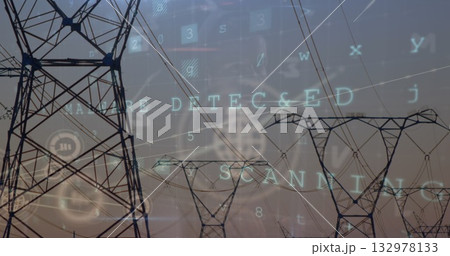 Showing high-voltage towers stretching across rural corridor at dusk with malware scanning overlays 132978133