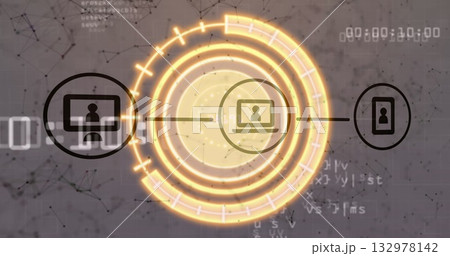 Connecting laptop icon with glowing rings across digital network, with monitor and smartphone icons 132978142