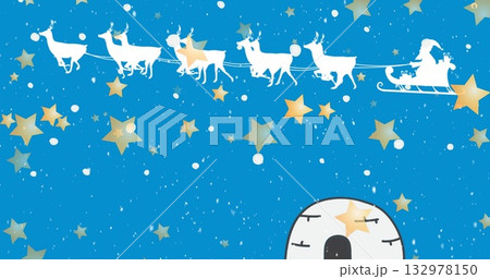 Gliding reindeer pulling Santa wearing hat in sleigh over arctic night sky, with igloo and stars Gliding reindeer pulling Santa wearing hat in sleigh over arctic night sky, with igloo and stars 132978150