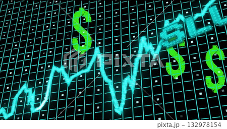 Neon cyan line graph fluctuating across trading interface grid, with neon green dollar sign icons 132978154