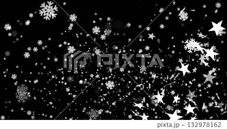 Swirling white snowflake icons and star shapes creating dynamic pattern on black background Swirling white snowflake icons and star shapes creating dynamic pattern on black background 132978162