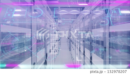 Data center aisle displaying floating holographic pie chart in secure corridor, with server racks Data center aisle displaying floating holographic pie chart in secure corridor, with server racks 132978207