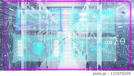 Displaying holographic data panels in aisle between server racks, showing charts maps and formulas Displaying holographic data panels in aisle between server racks, showing charts maps and formulas 132978209