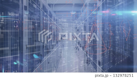 Featuring server room aisle running between server racks, with blue LEDs and floating graphics 132978251