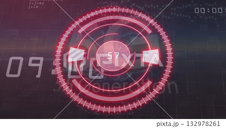 Featuring circular red gauge with segmented arcs showing numeric readout 57 on HUD, with code 132978261