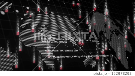 Displaying dotted world map floating over virtual grid, with binary streams and code snippets Displaying dotted world map floating over virtual grid, with binary streams and code snippets 132978292