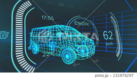 Displaying wireframe electric van model in virtual HUD, showing speed gauge and progress bars 132978297