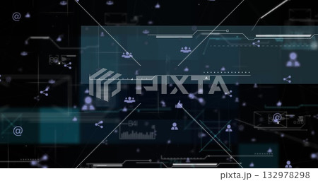 Displaying teal panel spanning digital interface, with floating user icons and data points 132978298