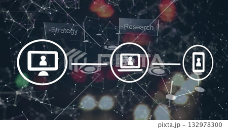 Displaying white device icons connecting on dark node grid plane, with Strategy and Research labels 132978300