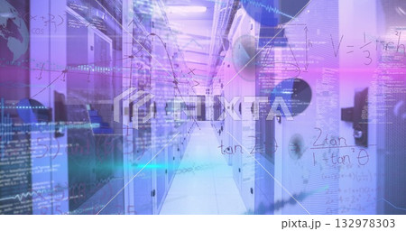 Displaying server rack aisle glowing purple and blue code overlays in data center, with cable trays Displaying server rack aisle glowing purple and blue code overlays in data center, with cable trays 132978303