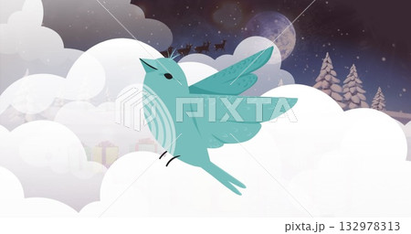 Teal bird soaring among clouds above pine trees with pastel gifts, starry moonlit sleigh silhouette 132978313