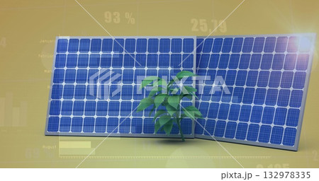 Displaying pair of blue solar panels with green seedling on yellow background, with data overlays 132978335
