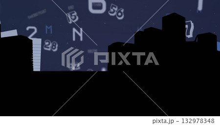 Illuminating high-rise skyline silhouette at night, with floating alphanumeric code overlay 132978348