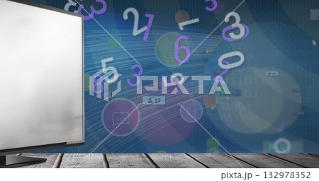 Displaying monitor resting on wooden surface in workspace, data trails numbers icons, copy space Displaying monitor resting on wooden surface in workspace, data trails numbers icons, copy space 132978352