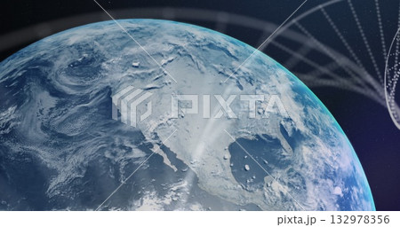 Revealing planet Earth rotating in outer space, with digital double-helix overlay Revealing planet Earth rotating in outer space, with digital double-helix overlay 132978356
