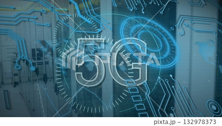 Displaying transparent 5G text over blurred office corridor with blue circuits, rings, clock dials 132978373
