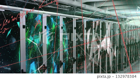 Displaying server rack cabinets glowing green in server room, with cable trays, floating red grid 132978384