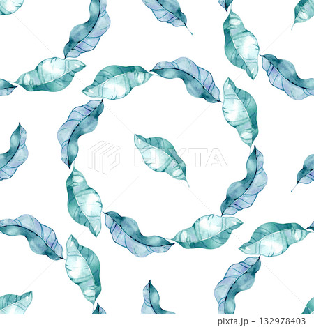 Watercolor seamless pattern with soft blue and turquoise leaves arranged in circular shapes. Elegant botanical texture perfect for fabric, wallpaper, packaging, and nature-inspired design projects. 132978403