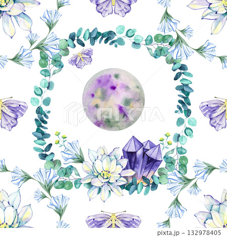 Watercolor seamless pattern with full moon, lotus flowers, eucalyptus leaves, moths, and crystals on a dark blue background. Magical celestial design perfect for fabric, wallpaper, and mystical 132978405