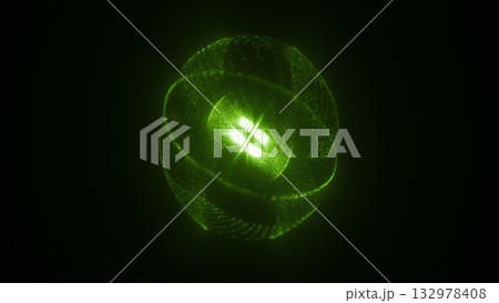 Bright green luminous sphere made of tiny particles forming digital glowing structures 132978408