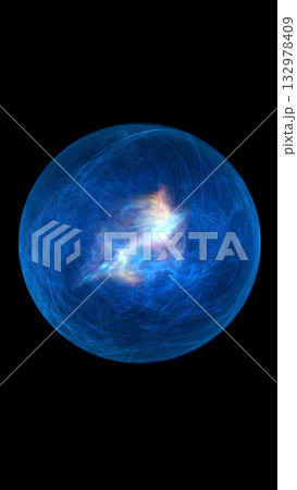 Abstract blue glowing sphere with bright fiery energy at its core, symbolizing fusion, power, and futuristic technology 132978409