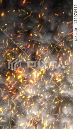 Abstract fiery background with glowing orange sparks floating in dark smoke, symbolizing heat, motion, and energy 132978419