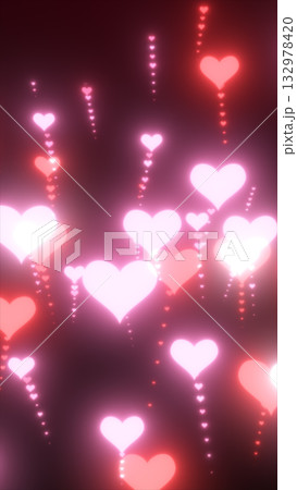 Floating glowing hearts on a dark background with neon trails 132978420