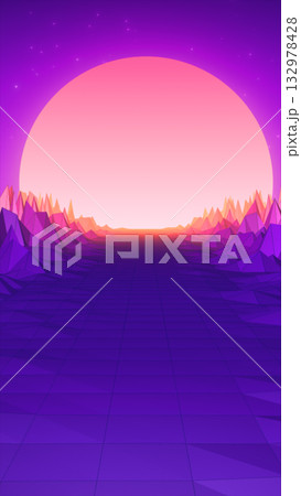 Retro futuristic sunset landscape with grid terrain and glowing sun over purple mountains Retro futuristic sunset landscape with grid terrain and glowing sun over purple mountains 132978428