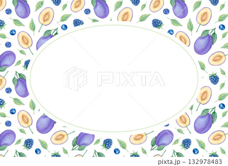 Watercolor plum and blackberry frame, oval botanical border Watercolor plum and blackberry frame, oval botanical border 132978483