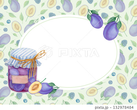 Watercolor plum jam label with fruits, berries and leaves 132978484
