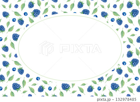 Watercolor blueberry and blackberry frame, oval botanical border 132978485