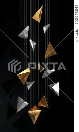 Abstract geometric vertical mobile with silver and gold shapes and shadows 132978842