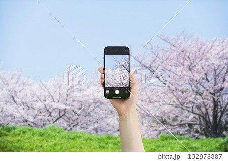 スマートフォンで風景写真を撮る春のイメージ スマートフォンで風景写真を撮る春のイメージ 132978887