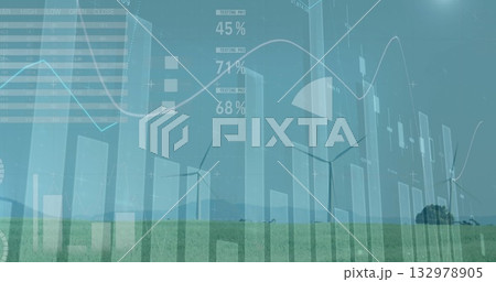 Featuring wind turbines standing on grassy plain, with bar charts, line graph and percent overlays 132978905
