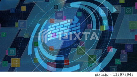 Showing central firewall icon framed by concentric rings at network panel with floating app icons 132978945