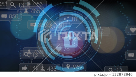 Image of padlock icon and data processing over media icons Image of padlock icon and data processing over media icons 132978946