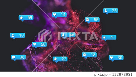 Swirling purple red particles in cyberspace, with blue social media notification bubbles Swirling purple red particles in cyberspace, with blue social media notification bubbles 132978951