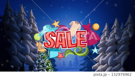 Floating red SALE letters with hat handbag T-shirt heels in snowy forest by lit Christmas tree Floating red SALE letters with hat handbag T-shirt heels in snowy forest by lit Christmas tree 132978962