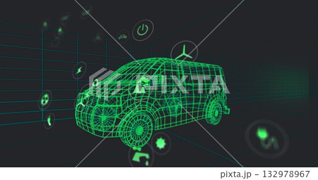 Rotating neon green wireframe van model in virtual 3D grid, with floating holographic icons Rotating neon green wireframe van model in virtual 3D grid, with floating holographic icons 132978967