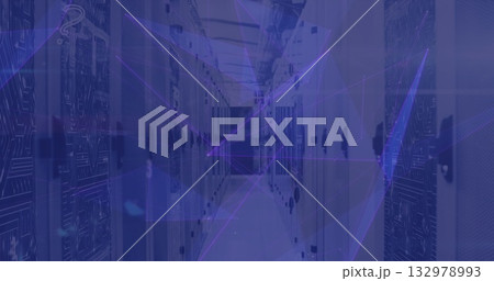 Showing server corridor with perforated racks, cable trays, lit LEDs in data center Showing server corridor with perforated racks, cable trays, lit LEDs in data center 132978993